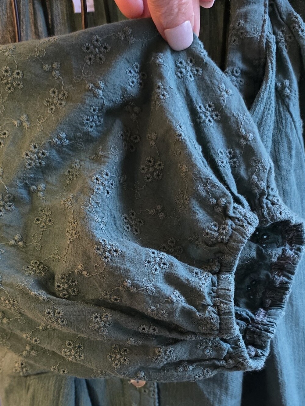 🐝🍯Suzanne Betro Weekend Hunter Green Gauze Eyelet Puff Sleeve Babydoll Top XL - Picture 2 of 4